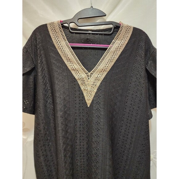 Women XXL Black Beige Shirt V-Neck Eyelet Embroided Petal Sleeve Boho Beach Chic - Picture 6 of 12